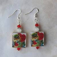 Valentine Owl Red Heart Image Charm Earrings