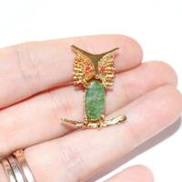 Vintage 1960s 12k Gold Filled Owl Brooch Pin w/ Jade Belly & Ruby Eyes Estate Find Jewellery Jew