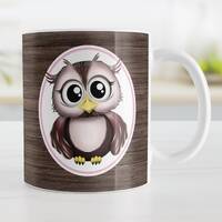 Cute Owl Mug, rustic wood pink brown, owl gift - 11oz or 15oz ceramic coffee mug or mug set availabl