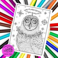 Printable Owl Angel Coloring page. Digital, adult coloring, animals, owls to color. angels to color,