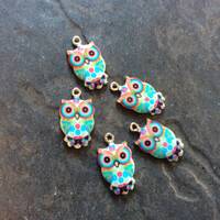 Colorful Turquoise Owl Charms with silver finish Package of 5 charms for jewelry making