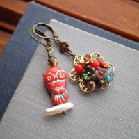 Glass Owl & Flowers Dangle Earrings - Bohemian Glass Bead Dangles - Miniature Red Owl Boho Misma