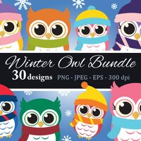 Winter Owl Bundle Clipart, cute baby owl decoration, fall clip art, printable woodland animal vector