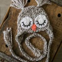 Hat Owl hat baby sleeping owl newborn hat grey owl hat gray owl sleepy eye owl