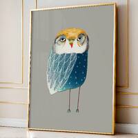 Blue Night Owl Art Print - Whimsical Home Decor for Her - Decoration for Bedroom, Kitchen and Living
