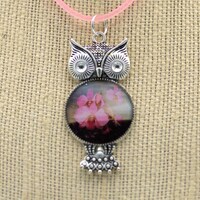 Owl Resin Pendant, Orchids, Antique Silver, PInk, Necklace, For her