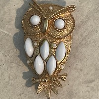 Vintage Owl Brooch, Costume Jewelry, Gold Tone Owl on a Branch