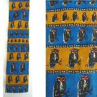 Vintage Mens Owl Print Tie, 1960s Square End Tie, Blue Brown, Owl Tie, Owl Print Tie, Square End Tie