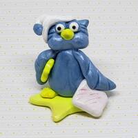 Blue Owl Figurine, Handmade Ornament, Polymer Clay, Figurines, Home Decor