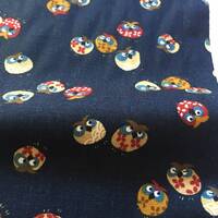 Bird Fabric, Round Owl Fabric, Japanese Cotton Fabric, Blue - Mustard - Brown -Red, Traditional Japa