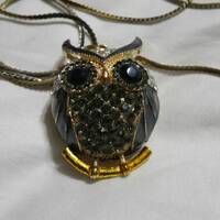 Large Rhinestone Hollow Owl Pendant, 29 inch Gold Toned Herringbone Chain Necklace, Made in Korea, C