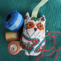 Embroidered linen fabric owl pin cushion or decoration
