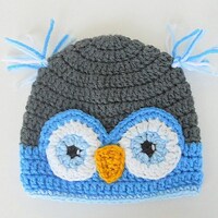 Baby Owl Hat Toddler Boy Grey And Blue Bird Beanie Newborn Infant Girl Halloween Cap Zoo Animal Phot