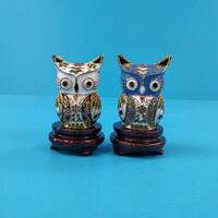 Vintage Chinese Cloisonne Mini Owl Figurine,Gold Plated Copper Enamel Light Blue White Owl Statue,As