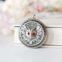 Silver Owl Locket Necklace with January Birthstone Garnet, January Birthday Gift for Her, Victorian 