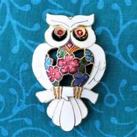 FISH Cloisonn&eacute; Owl Brooch, With White, Cobalt Blue, Orangey-red and Green Cloisonn&eacute; En