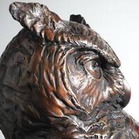 Hand-Cast Bronze Great-Horned Owl Bust Sculpture, "Hunter's Gaze by Kindrie Grove.