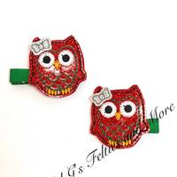 Owl Hair Clip, Christmas Hair Clip, Christmas Owl Hair Clip Set, Embroidered Hair Bow, Owl Hair Bow,