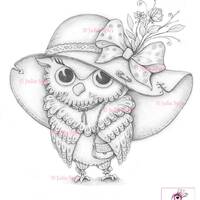 Owl Coloring Page, Digital stamp, Digi, Fashion, Hat, Bird, Bag, Bow, Crafting, Fantasy, Whimsy, Cra