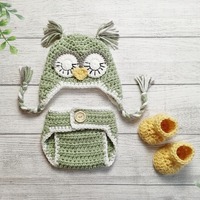 Crochet Baby Owl Hat and Diaper Cover - Baby Photo Prop - Baby Shower Gift - Baby Owl - Woodland Ani