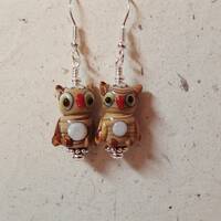 Tan and Brown Opaque Lampwork Glass Playful Owl Earrings  on Silver   Whooo Can be without these