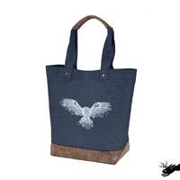 Snow Baroque Owl Embroidered Canvas Tote with Vegan Leather Accents