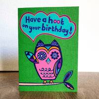 Owl Birthday Card - Owl Birthday, Owl Card, Bird Birthday Card, Retro Birthday Card, Mid Century Bir