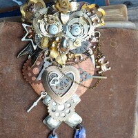 Handmade OWL BROOCH with Vintage Jewelry | Steampunk Owl | Heart Owl | Chunky Jewelry | Avant Garde 