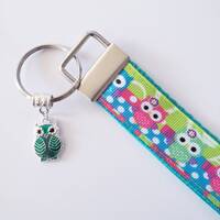 Owls on Polka Dot Path Key Fob Wristlet, Owl Key Chain with Bling Owl Charm