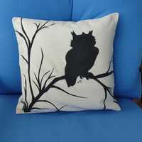 Decorative Pillow Cover, Handmade and Hand Painted Owl Silhouette, 16" Cotton Pillow Cover, Gre