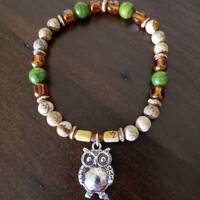 Owl Charm Bracelet, Jasper Bracelet, Green Shell Bracelet, Agate Bracelet, Czech Crystals, Whooo Wan