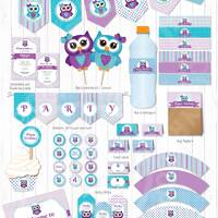 OWL BIRTHDAY INVITATION and Party Decoration. Full Printable Owl Party Package. Purple and teal | In