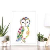 Floral Owl / Flowers Watercolor Painting - Owl art print