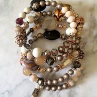 Brown Earthy Owl Beaded Memory Wire Boho Wrap Bohemian Bracelet with Owl Charms