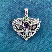 Sterling Silver Owl Pendant with Blue Sapphires, Chrome Diopside and Amethyst