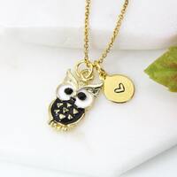 Gold Owl Necklace, Black Owl Charm, Cute Owl Black Bird Charm, Girlfriend Gift, Personalized Gift, B