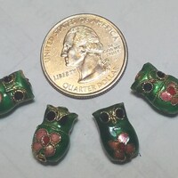 4 Beads - DARK GREEN Cloisonne OWL beads, Metal Beads!