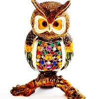 Hand Made Big Owl on Branch Trinket Box. Made with Colorful Swarovski Crystals, Enamel with Gold Pla