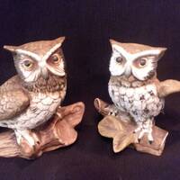 OWL Ceramic Figurines by HOMCO Vintage 1970s Porcelain Taiwan Set of 2 Perched