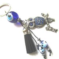 Blue owl blue evil eye charm key chain - black leather tassel - blue owl eye charm - evil eye key ch