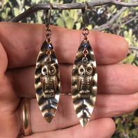 Handmade Brass Leaf Earrings, Owl Earrings, Nature Earrings, Leaf Jewelry, Gold Tone Earrings, Anima