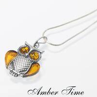 ZB0249 Owl. Amber Wise Owl & Sterling Silver 925 Pendant. Genuine Baltic Amber. Silver Owl