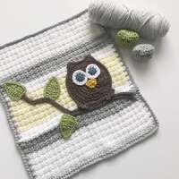 Owl Baby Blanket Grey Yellow Mini Size Baby Shower Gift