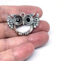 Owl Pendants with Rhinestones, White Smoke, Antique Silver