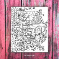 Cozy Owl Tree House-Printable Adult Coloring Book Page