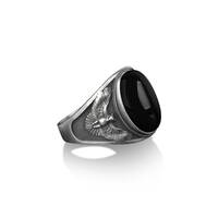 Silver winged owl men's ring, Oval onyx signet man ring, Black onyx signet ring, Onyx owl signet