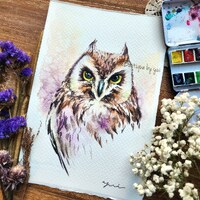 Short-Eared Owl ORIGINAL watercolour painting 7.5x11 inches,Hand paint by Yui Chatkamol, art,Hand ma