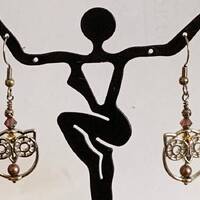 Owl Dangle Earrings Silver Handmade with Pink-Lilac Swarovski Crystals, and Silver Earwires-Very Cut