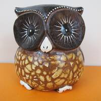 Vintage Handpainted Wooden Owl Figurine, Folk Art Primitive Decor