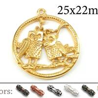 2pcs Brass Round Owl Pendant, Two Owls 25x22mm with loop, Bird Charm, JBB Finding QFMarket, Antique/